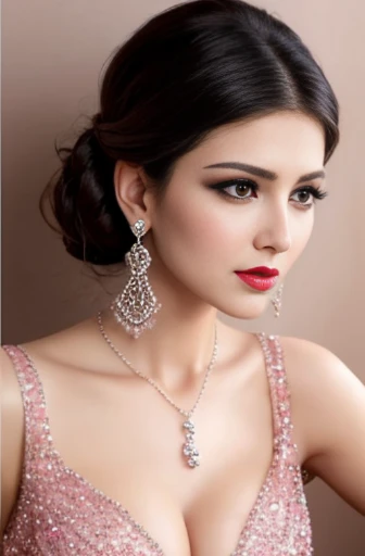 Lebanese woman, diamond dangling earrings, necklace, bracelets, small breasts, 40 years old, smokey eyes, cleavages, red lips, innocent face, pink fashion ball gown, stylish hairstyle, posing, modeling, sad face, embarrassed