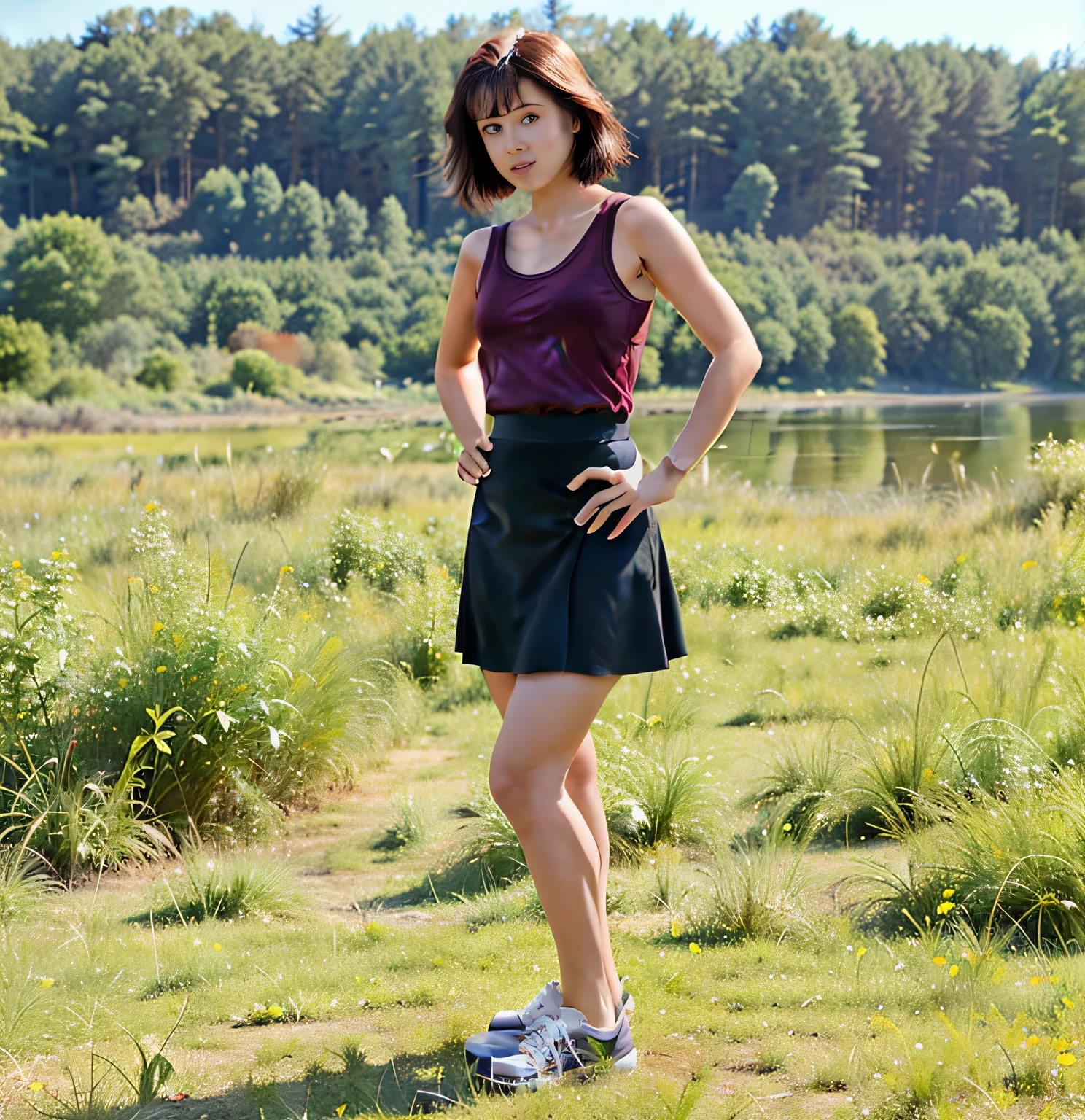 there is a 28 year old woman standing in a field, em uma minissaia preta, regata cor de vinho, Vista completa, standing in a grassy field, taken in the late 1980s, perto de um lago, ao ar livre, plano amplo de corpo inteiro, taken in the early 1990s, na frente de um fundo de floresta, pernas suculentas, corpo inteiro centrado dentro, em campo de alta qualidade, high resolution, obra de arte, 8k.