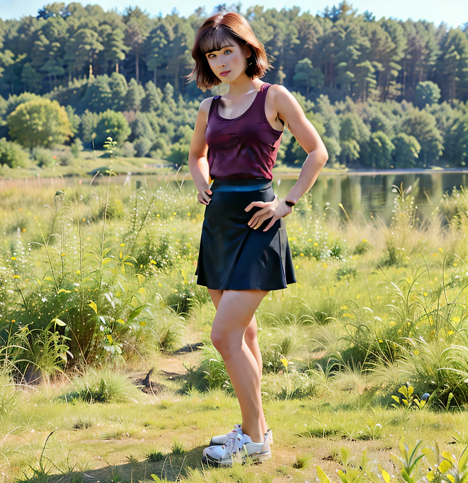 there is a 28 year old woman standing in a field, em uma minissaia preta, regata cor de vinho, Vista completa, standing in a grassy field, taken in the late 1980s, perto de um lago, ao ar livre, plano amplo de corpo inteiro, taken in the early 1990s, na frente de um fundo de floresta, pernas suculentas, corpo inteiro centrado dentro, em campo de alta qualidade, high resolution, obra de arte, 8k.