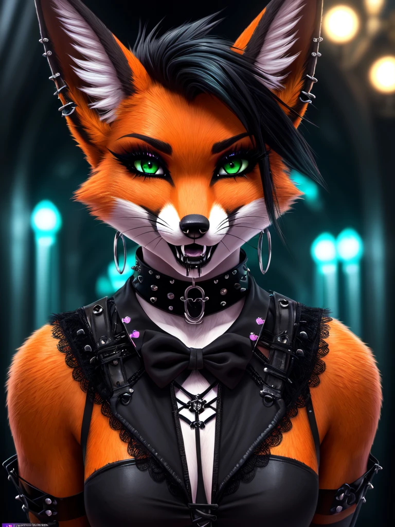 (best quality,4k,8k, highres, masterpiece:1.2), (furry; anthro fox), ultra-detailed, ((horny)), sexy, goth makeup, edgy punk hairstyle, detailed eyes and face, long eyelashes, gothic punk style, ear piercings, vibrant colors, excited, wet, green eyes, orange fur
