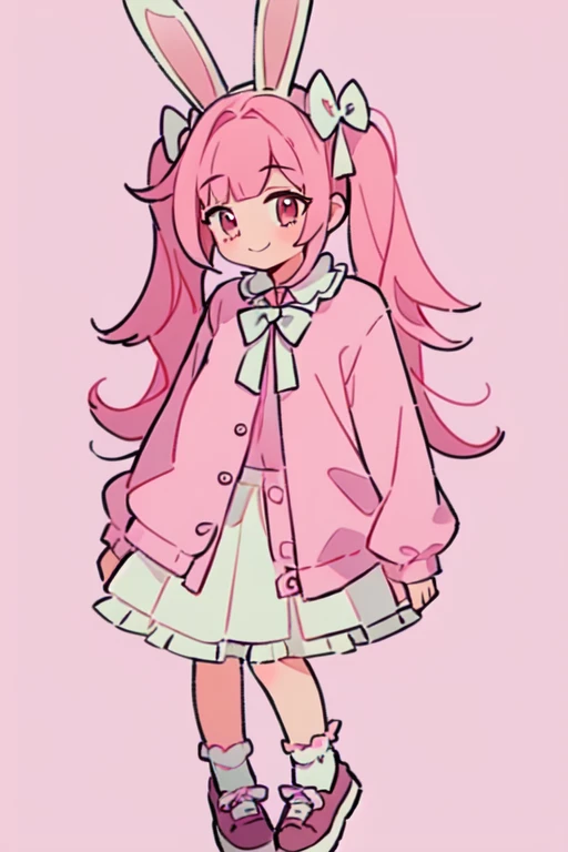 1 girl in, Pink hair, long twintails, Pink shirt, puffy collar, White fluffy skirt, White ribbon on hair, Lots of hair accessories, ****ta, full body lesbian, Rabbit ears, a smile