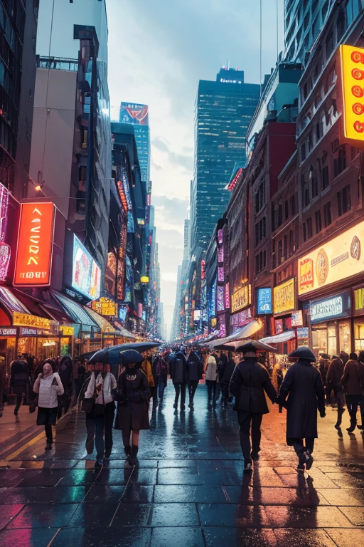 (busy city in the afternoon),(best quality,4k,8k,highres,masterpiece:1.2),ultra-detailed,(realistic,photorealistic,photo-realistic:1.37),
vibrant colors,hustle and bustle,traffic jam,tall skyscrapers,blurry crowd movement,lively street scene,urban skyline,reflective glass windows,
busy people walking,beautiful detailed windows,Ferris wheel in the background,narrow alleyways,cars honking,street vendors selling food,
pedestrians crossing the road,impressive architecture,shadows and lights playing,neon signs illuminating the streets,rain-soaked pavement,
impatient commuters,headlights and taillights streaking,city lights reflecting on the river,people carrying umbrellas,cityscape at twilight,
architectural marvels,city never sleeps,fast-paced energy,metropolis in motion,urban chaos and harmony,street musicians playing lively tunes,
colorful billboards,futuristic transportation,huge digital screens displaying advertisements,diverse cultures coexisting,
intersection crowded with cars and buses,light trails from moving vehicles,skyscrapers disappearing into the clouds,modern metropolis.
