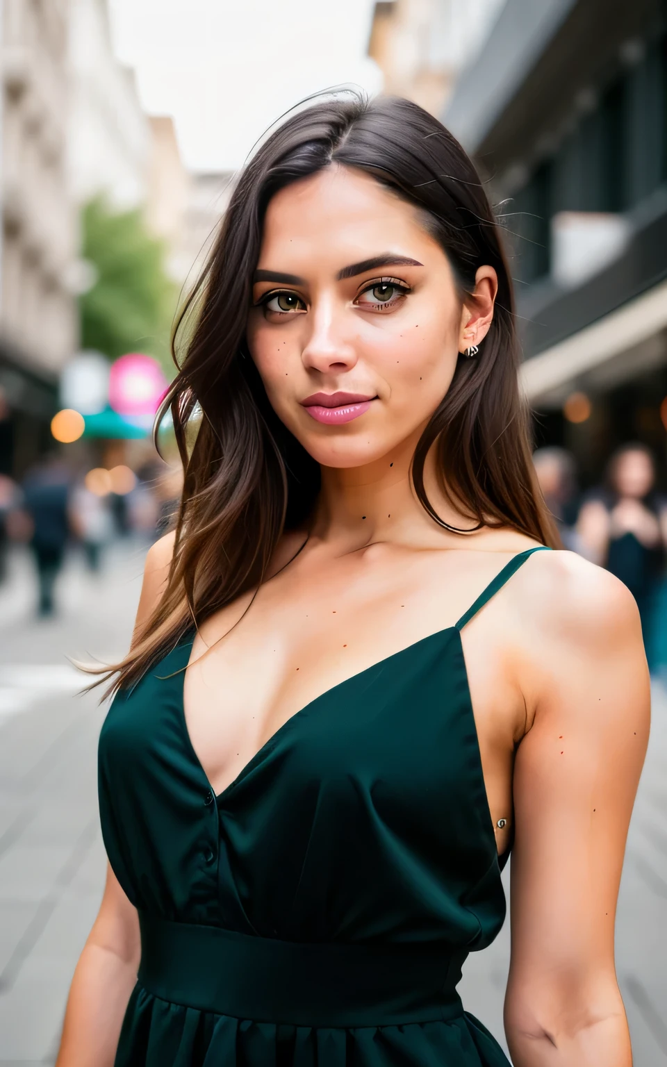 cute beautiful brunette wearing (a black) fashion dress (walking on the street), very detailed, 34 years old, flirty face, messy long hair, brown eyes, high-res, masterpiece, best quality,intricate details, highly detailed,sharp focus, detailed skin,realistic skin texture,texture, detailed eyes, professional, 4k, smile, shot on Canon, 85mm,shallow depth of field,kodak vision color, green eyeshadow, extremely detailed, photo_\(ultra\), photorealistic, realistic, post-processing, max detail, roughness, real life, ultra realistic, photorealism, photography, 8k uhd, photography, braless, pokies