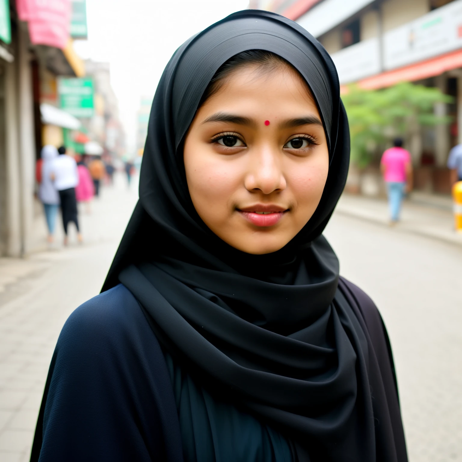 20 year old bangladeshui girl,wearing hijab,fair skin colour,city street,day light,medium quality,realistic,natural,clicked from phone,medium quality,simple mackup