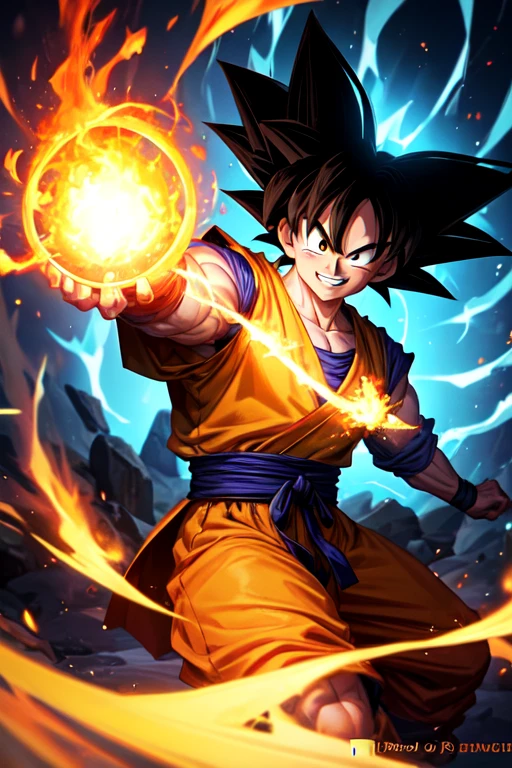 Put Son Goku as a Fortnite character, make him very evil with a lot of powers and let him go crazy with a blue ability that surrounds him and destroys the world, making him even more evil. A lot of magic that surrounds him. Even more forces that cover everything, even more forces, much more. His eyes must be full of fire and he must look at the sky with an evil, slightly grinning look. In sein Augen muss Feuer sein. Die Helligkeit von Bild muss auf ihn leuchten