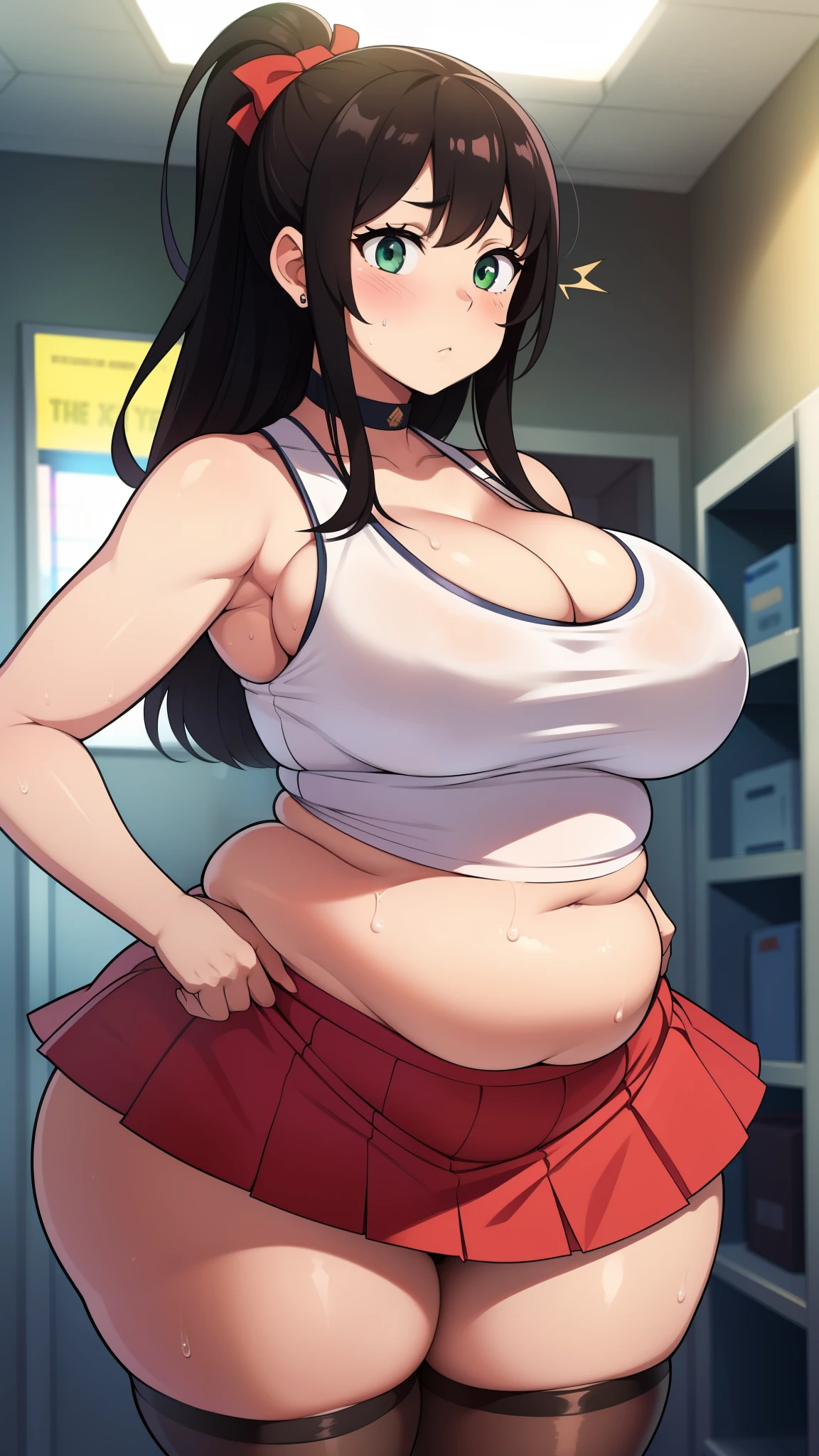 ((Masterpiece)), perfect anatomy, perfect shading, field of depth, (best quality), extremely delicate and beautiful, perfect lighting, detailed face, ultra cute face, cute, (cowboy shot 1.2), looking at viewer, full body, (((1girl))), (((solo))), cheerleader
long hair, fluffy hair, brown hair, green eyes, ((blush))), embarrassed, worried, (cheerleader uniform), (white tank top 1.2), (short section red skirt 1.2), thigh highs, chocker, extremely tight clothes, large breasts, cleavage, perky breasts, (((wide hips))), ((thick thighs)), ((big butt)), ((plump)), chubby belly, fat rolls, belly hang, she has a jiggly belly,
Locker room, intricate background, detailed background, sweaty, out of breath, hands on hip