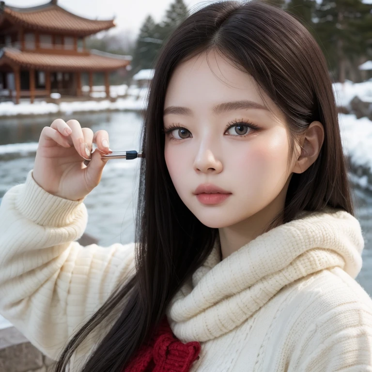 Primer plano de una mujer parecida a winter de aespa pelo rojo uzlang Koreana wonyoung ive