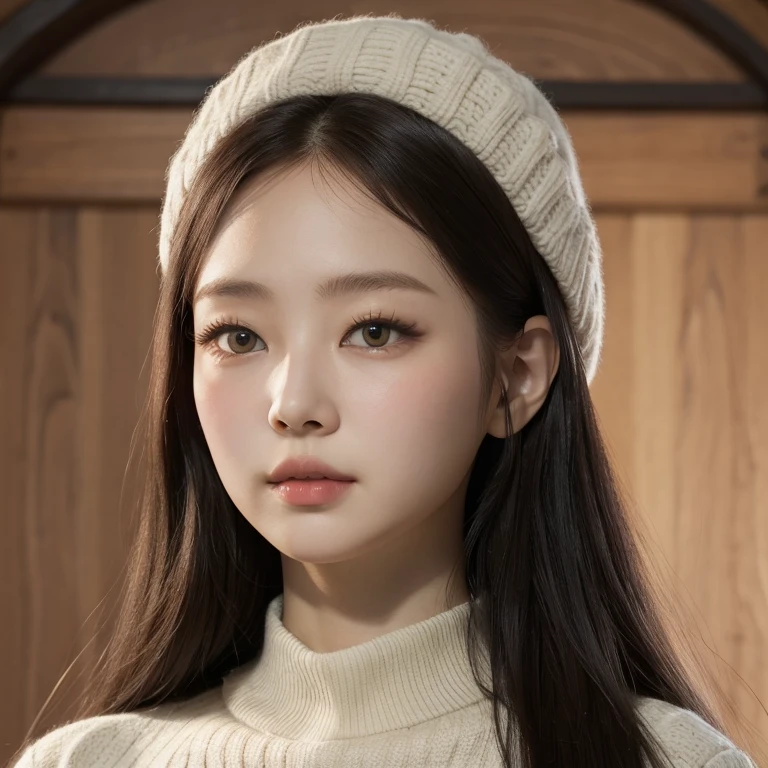 Primer plano de una mujer parecida a winter de aespa pelo rojo uzlang Koreana wonyoung ive