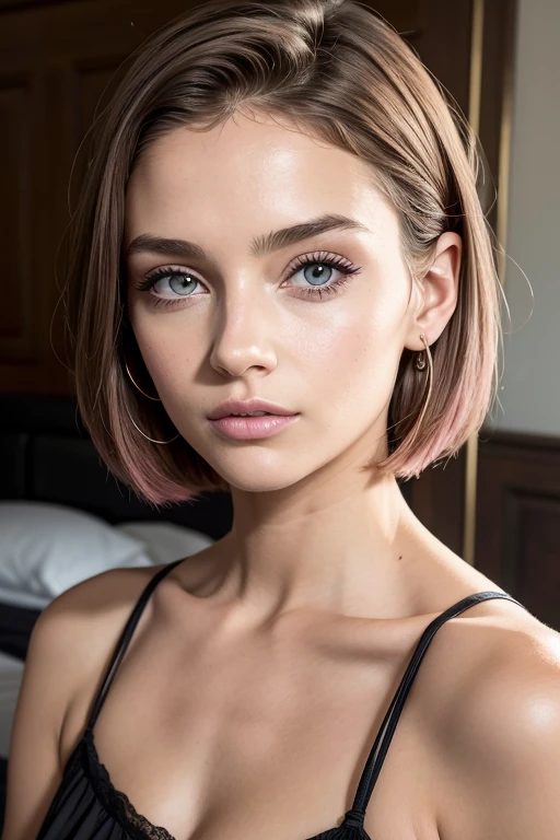 Belle fille, Marron_eyeeautiful mince adolescente de 18 ans, cheveux color [Brown highlights cheveux], [Pixie undercut] cheveux)), boucles d’oreilles, lèvres, Réaliste, taille étroite, charmant, pink lèvrestick, maquillage coloré, Cils longs, boucles d’oreilles, porter de l’eye-liner, peau claire, (mignon), (face détaillée), Yeux détaillés, Iris détaillé, nuisette, corp magnifique, plage, corps athlétique, abdominaux prononcés sur l&#39, ((Vêtements avec moins de tissu))，