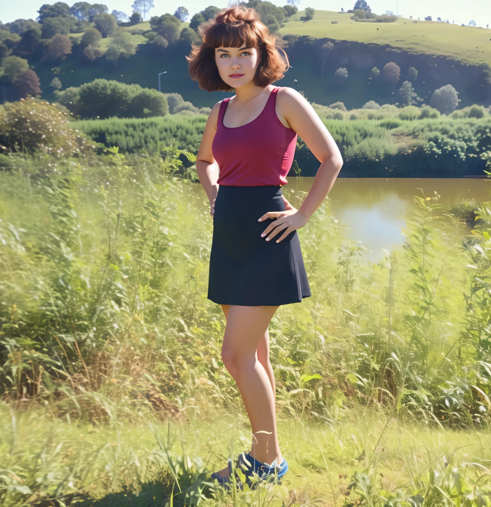 there is a 28 year old woman standing in a field, em uma minissaia preta, regata cor de vinho, Vista completa, standing in a grassy field, taken in the late 1980s, perto de um lago, ao ar livre, plano amplo de corpo inteiro, taken in the early 1990s, na frente de um fundo de floresta, pernas suculentas, corpo inteiro centrado dentro, em campo de alta qualidade, high resolution, obra de arte, 8k.