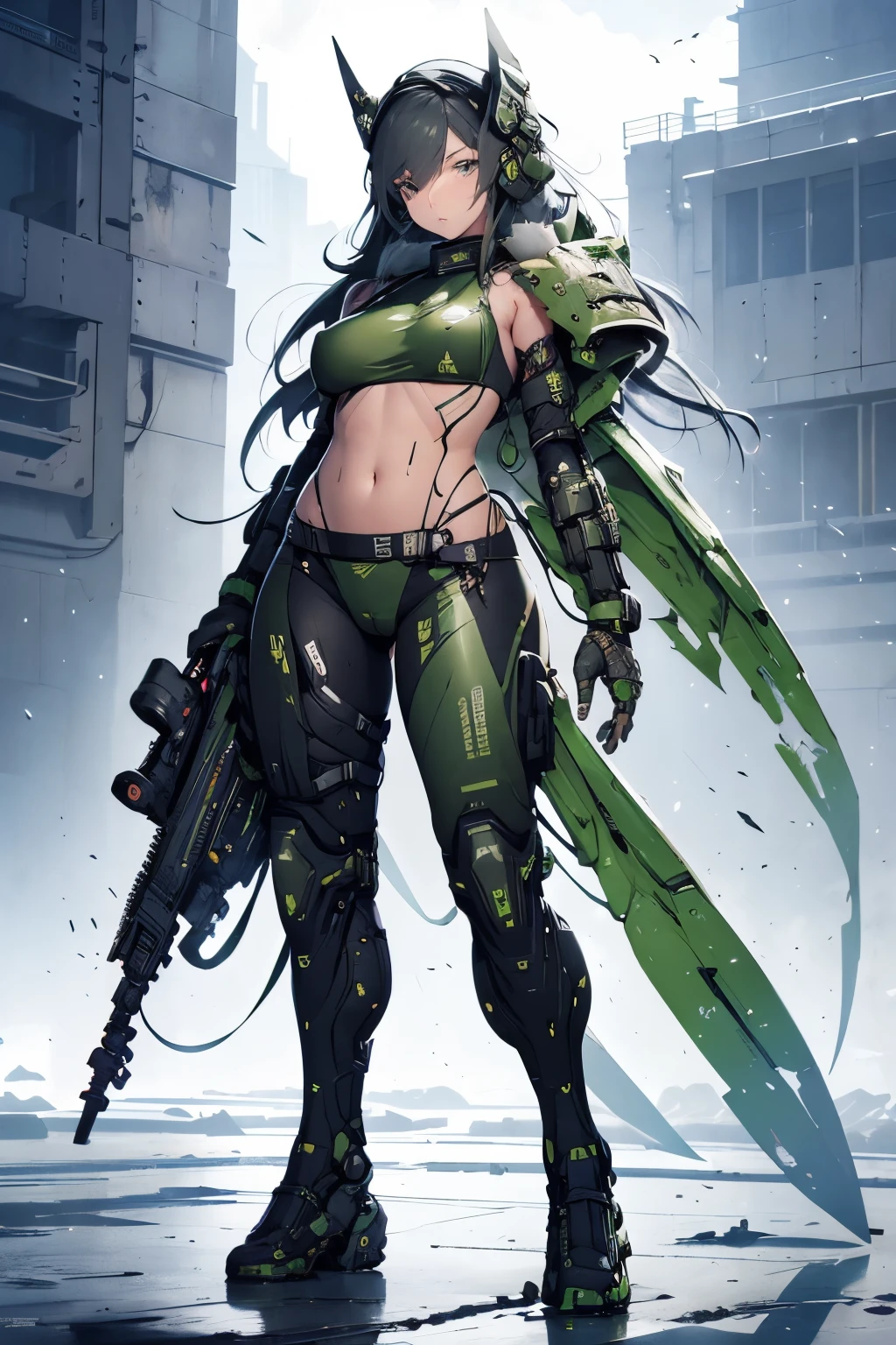 Beautiful woman in a green uniform holding a gun, mechanical bikini, tattered military gear, mechanized soldier girl, oversized mechanical exoskeleton arms and legs, inspired by Masamune Shirow, girl in mecha armor, clothed in military armor, mechanized valkyrie girl, cushart kenz, cool mecha style, bikini-armor, infantry girl, Bare Skin, Athletic Well Toned Body, sweaty skin, Barely Clothed, cammo patterns, Beautiful Face, dieselpunk Theme, Fiverr Dnd Character, Octane Render, Digital Art, Extreme Detail, 4k, Ultra Hd, Polished, Beautiful, Hyperdetailed, Intricate, Elaborate, Meticulous, Photorealistic, Sharp Focus, Wlop, Character Design, Unreal Engine, 3d Rendered, Volumetric Lighting, Reflections, Glossy, Digital Illustration, Pose, Suggestive Pose, Lewd, Full Body Shot, naked, vissible nipples, puffy vagina, anatomically correct 💖❤💕💋