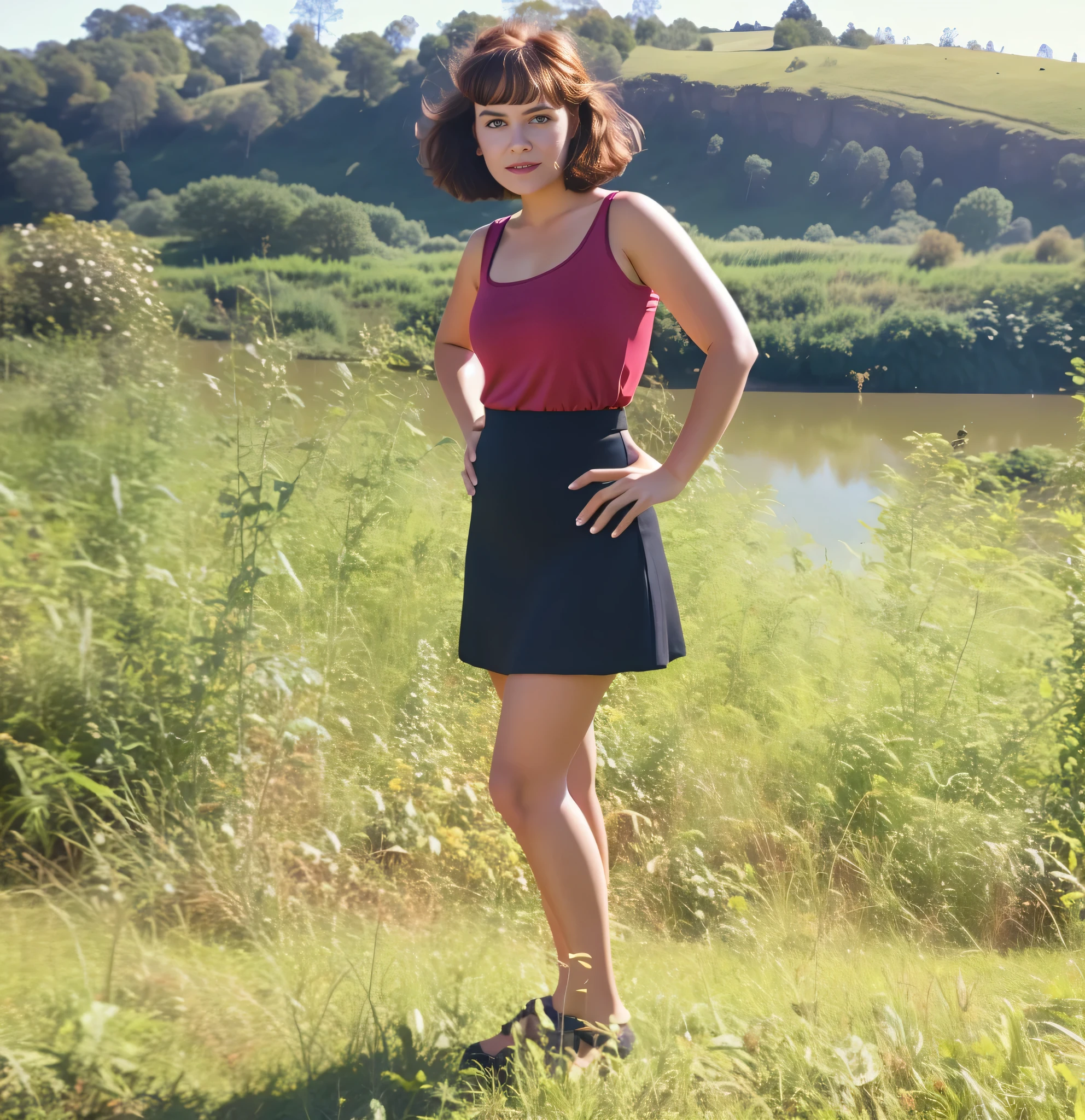there is a 28 year old woman standing in a field, em uma minissaia preta, regata cor de vinho, Vista completa, standing in a grassy field, taken in the late 1980s, perto de um lago, ao ar livre, plano amplo de corpo inteiro, taken in the early 1990s, na frente de um fundo de floresta, pernas suculentas, corpo inteiro centrado dentro, em campo de alta qualidade, high resolution, obra de arte, 8k.