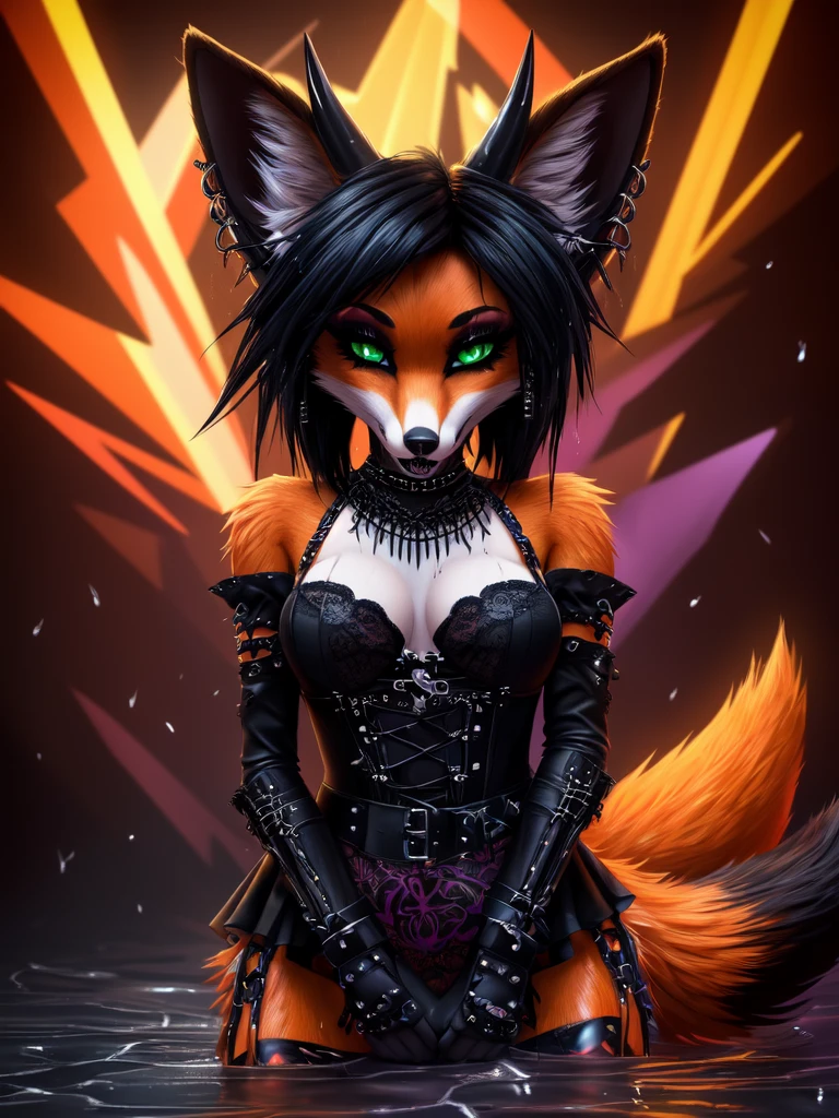 (best quality,4k,8k, highres, masterpiece:1.2), (furry; anthro fox), ultra-detailed, dynamic pose, ((horny)), sexy, goth makeup, edgy punk hairstyle, detailed eyes and face, long eyelashes, gothic punk style, ear piercings, vibrant colors, excited, ((wet)), green eyes, orange fur