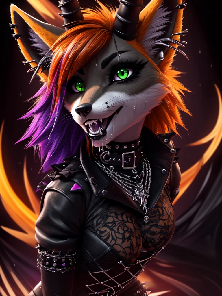 (best quality,4k,8k, highres, masterpiece:1.2), (furry; anthro fox), ultra-detailed, dynamic pose, ((horny)), sexy, goth makeup, edgy punk hairstyle, detailed eyes and face, long eyelashes, gothic punk style, ear piercings, vibrant colors, excited, ((wet)), green eyes, orange fur