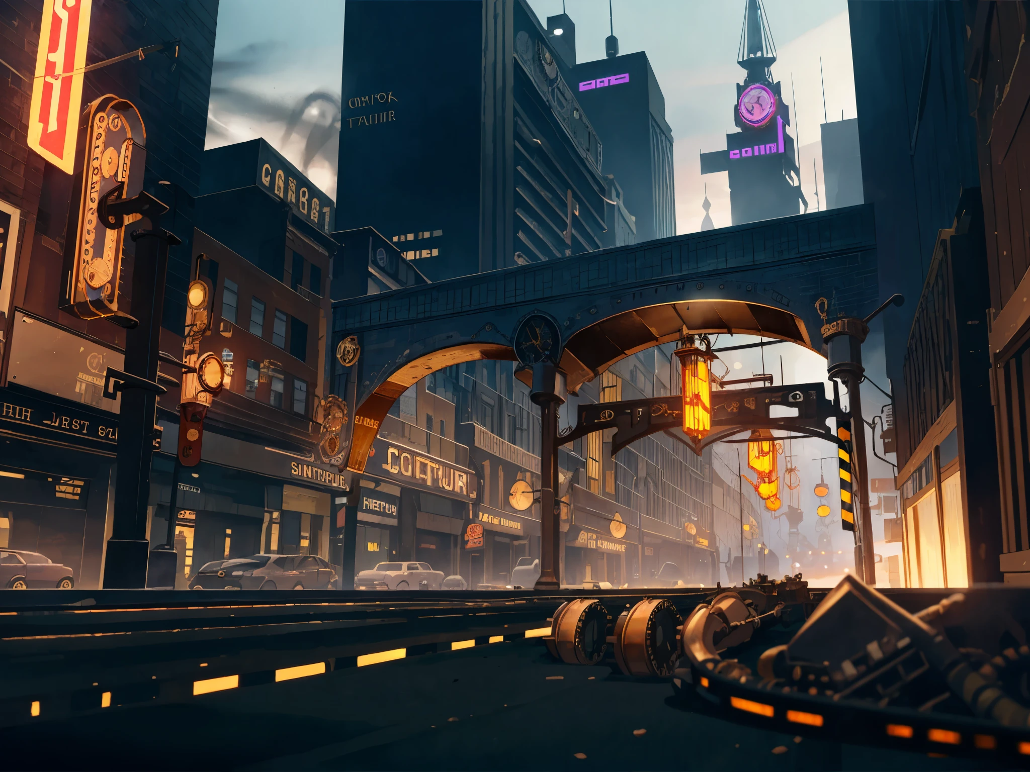 (steampunk:1.5), city street, bridges, fog