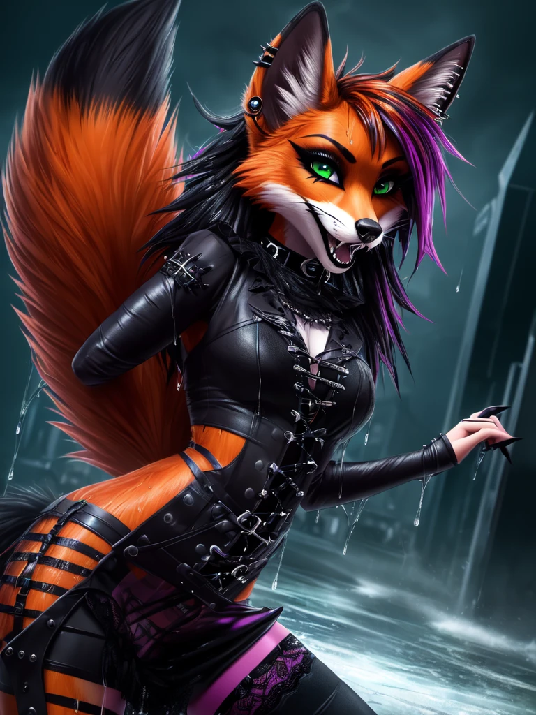 (best quality,4k,8k, highres, masterpiece:1.2), (furry; anthro fox), ultra-detailed, dynamic pose, ((horny)), sexy, goth makeup, edgy punk hairstyle, detailed eyes and face, long eyelashes, gothic punk style, ear piercings, vibrant colors, excited, ((wet)), green eyes, orange fur