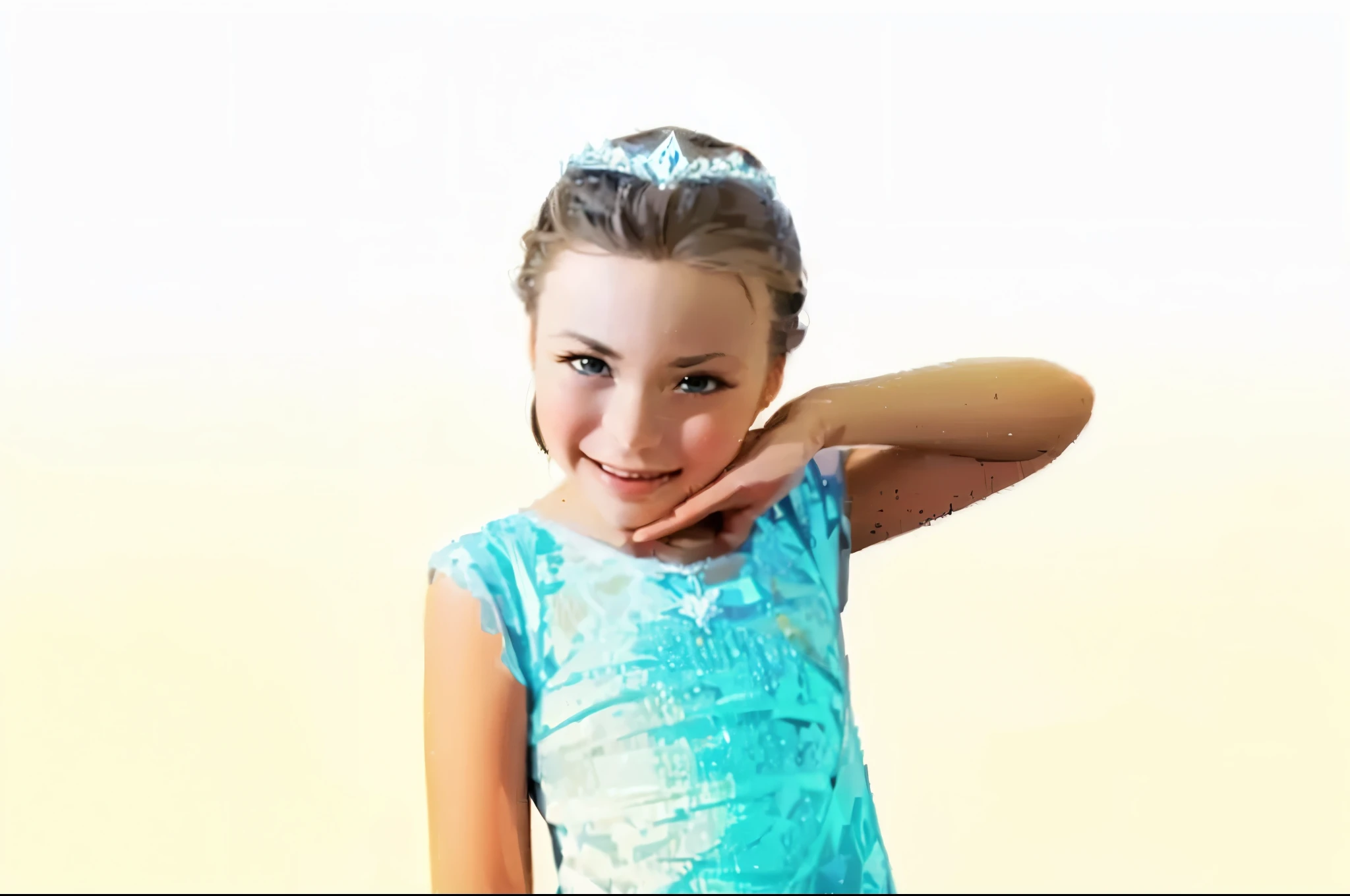 "Please create a charming image of a 7-year-old girl at her birthday party, dressed as the Frozen character Queen Elsa of Arendelle. She has brown hair and large, lively eyes. In the image, she should have one hand on her waist and the other raised with a magical ice effect, showcasing freezing effects. Additionally, please add a silver and blue-toned cape to enhance the royal atmosphere without losing the charm and connection with the audience. While adding these elements, please make an effort to conserve as much as possible the original characteristics of the girl. Feel free to include party-themed elements like balloons and Frozen decorations to add a special touch to the scene. The goal is to capture the joy and magic of this special moment."