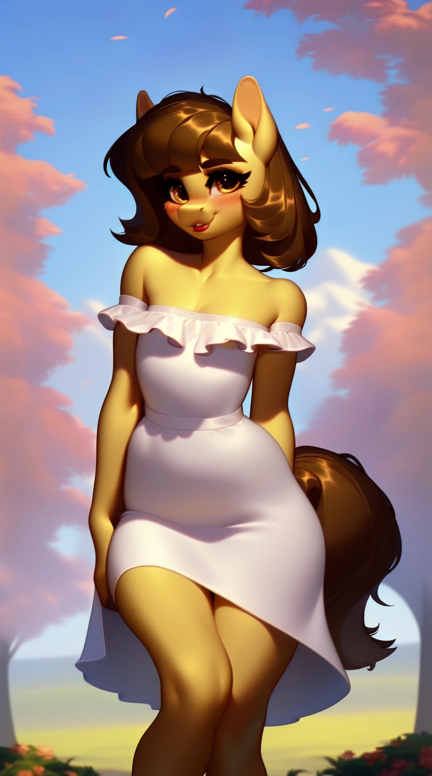 (score_9), (source_ derpibooru_p_95), (earth pony), ((anthro oc pony:1.1)), (shoulderless sun dress), very cute, blushing, shy smile, solo, realistic long brown hair, bangs, anatomically correct, flat chest, solo, curvy figure, high res, bottom lip, extremely detailed, teenager, absolutely stunning,