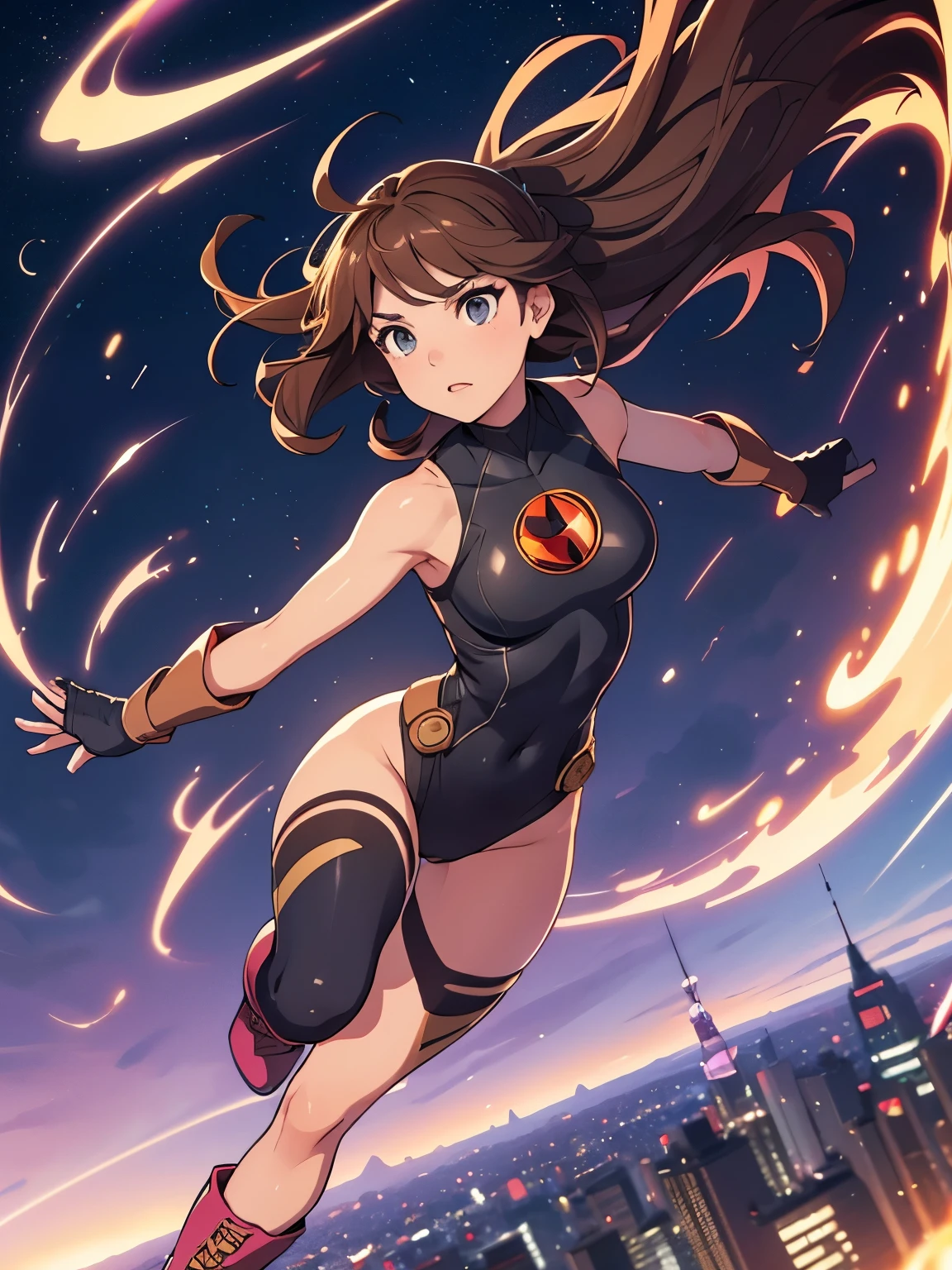 1girl, medium breasts, leotard, bare legs, tight belt, boots, matching boots, gloves, city backdrop, solo, single, full body shot, superhero, beautiful detailed eyes, mature lady, star symbol on chest, brown hair, high leg leotard, spinning her body in rapid speed like a tornado, wind swirls, rapid gyration, girl tornado spinning, girl turning to a whirlwind, outstretched arms, standing, time warp