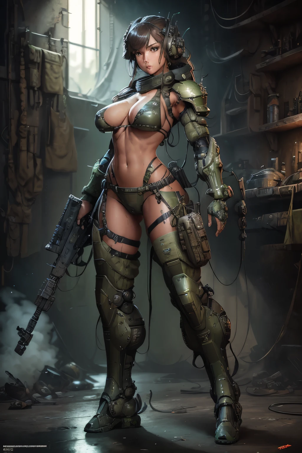 Beautiful woman in a green uniform holding a gun, mechanical bikini, tattered military gear, mechanized soldier girl, oversized mechanical exoskeleton arms and legs, inspired by Masamune Shirow, girl in mecha armor, clothed in military armor, mechanized valkyrie girl, cushart kenz, cool mecha style, bikini-armor, infantry girl, Bare Skin, Athletic Well Toned Body, sweaty skin, Barely Clothed, cammo patterns, Beautiful Face, dieselpunk Theme, Fiverr Dnd Character, Octane Render, Digital Art, Extreme Detail, 4k, Ultra Hd, Polished, Beautiful, Hyperdetailed, Intricate, Elaborate, Meticulous, Photorealistic, Sharp Focus, Wlop, Character Design, Unreal Engine, 3d Rendered, Volumetric Lighting, Reflections, Glossy, Digital Illustration, Pose, Suggestive Pose, Lewd, Full Body Shot, naked, vissible nipples, puffy vagina, anatomically correct 💖❤💕💋