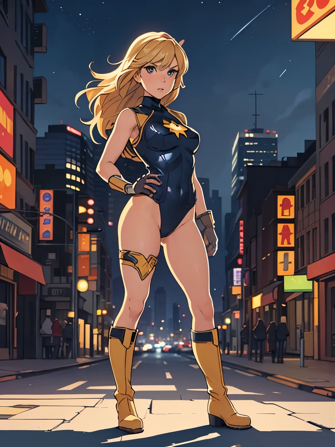 1girl, medium breasts, leotard, bare legs, tight belt, boots, matching boots, gloves, city backdrop, solo, single, hands on hip, standing, full body shot, cowboy shot, superhero, beautiful detailed eyes, mature lady, star symbol on chest, blonde hair, high leg leotard