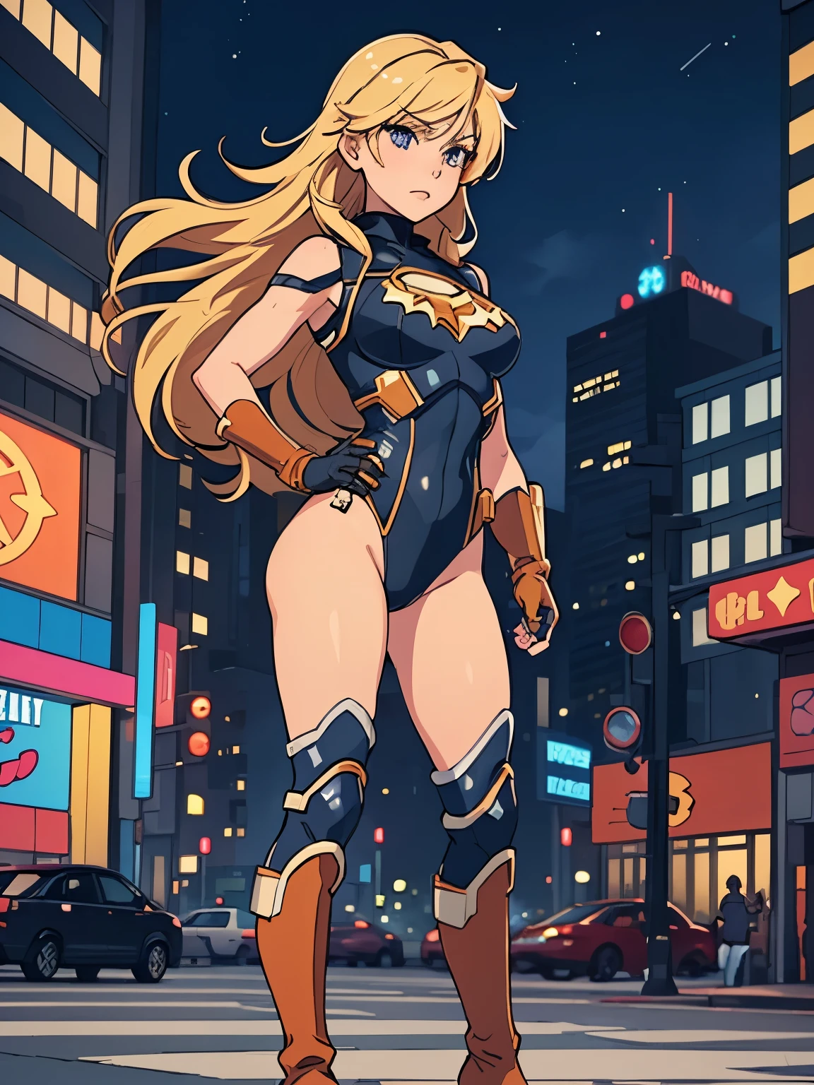 1girl, medium breasts, leotard, bare legs, tight belt, boots, matching boots, gloves, city backdrop, solo, single, hands on hip, standing, full body shot, cowboy shot, superhero, beautiful detailed eyes, mature lady, star symbol on chest, blonde hair, high leg leotard