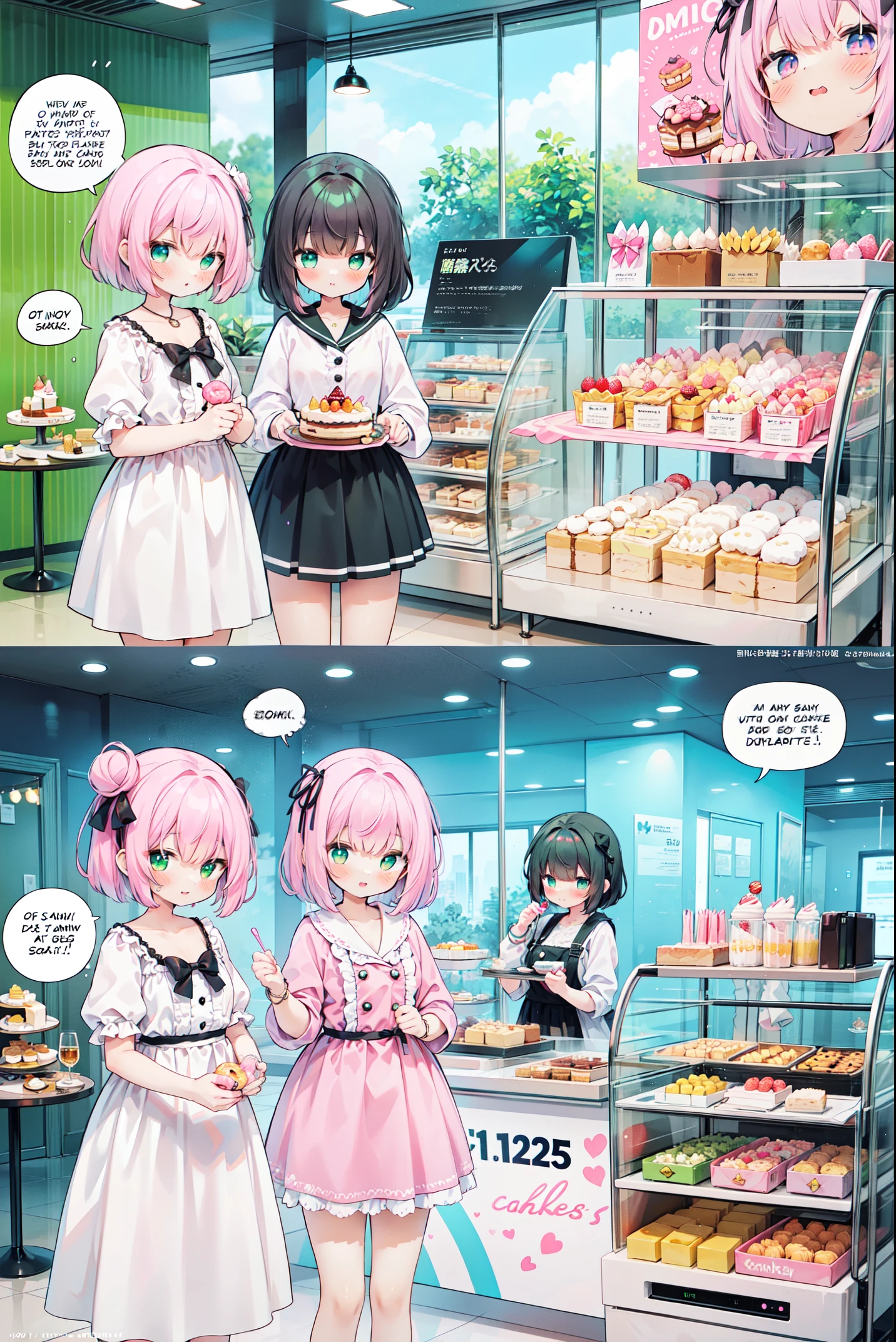3 girls, ((comic strip))、(Multiple texts)、(speech bubble)、Calm pastel colors (color palette yellow:1.2, green:1.2, pink:1.2), (ロングヘア pink), dress, Princess, fashion skirt, Sit on a throne made of sweets and pastries, for example, donut, Sprinkle, candy, lollipop, candy cane, cake, カップcake, cakeポップ, ruffles and lace, 