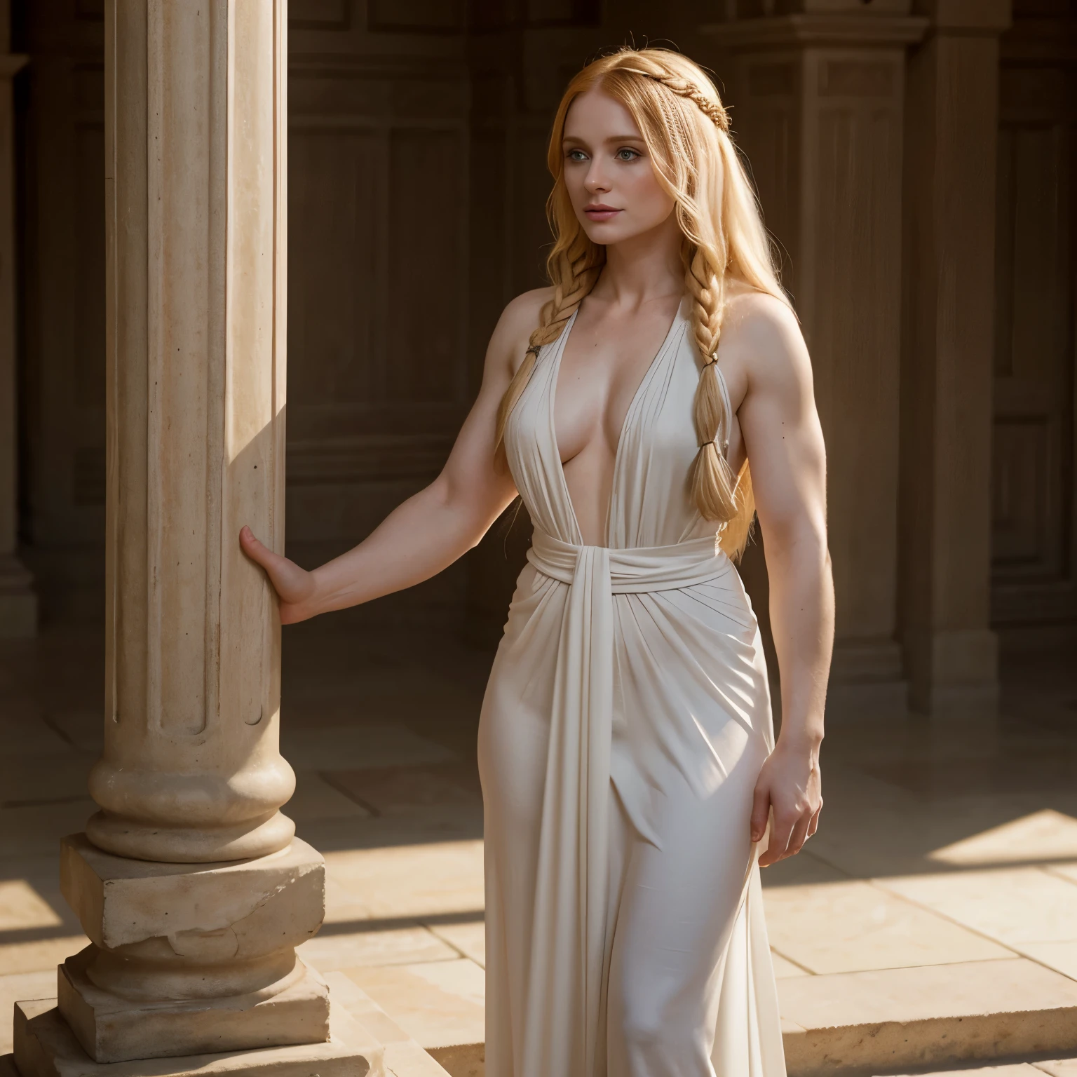 pale skin Bryce Dallas Howard standing on a pedestal, long braided blonde hair, thick muscular body, like a statue, white toga
