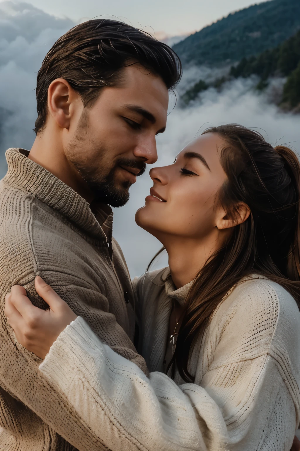 (1woman 1rugged man:1.3), (upright straddle, Face to face:1.5)American couple, taken outside, (top view: 0.9, all of body: 2.0,), mountain mist surrounds couple:1.8, (body heat makes misty cloud we see when breathing in cold weather:1.6), beautiful dusk moonlight:1.7, moonstruck, (exterior radiant micro lights:1.2), masterpiece, best quality, ultra-detailed, exterior, laying over him, straddling:1.2, (dusk:1.5), mountains, nature, (glorious morning sunlight), cheerful, (happy couple embrace cozy with on blankets, sleeping bags,), embracing intimate, (spanking:1.1), woman  25 yo beauty, (Brown wavy semi-long hair and bangedium breastan 45yo, handsome), Wearing white shirt, sleeves rolled up, dress jeans, (He grabs the girl's hipody heat:1.3, he kisses the nape of her neck:0.8, warm and inviting, stunning misty mountains, hugging, embracinisty mountains:1.1), forest, rocks, river, wood, smoke, shadows, high contrast:1.1, deep rich shadows:1.1, clear sky, analog style (look at viewer:1.8) (skin texture:1.2) ,(ultra-realistic eyes, pupil coloring:1.8, eyelashes), highest quality, (film grain:0.8), (warm hue, warm tone:1.2), cinematic light, ultra high res, best shadow, RAW, wearing knitted sweater:1.5, her hair up in messy ponytail:2.0, relaxed and intimate, resting, happy, best moment in life, share it with me, mountain dew:0.9
