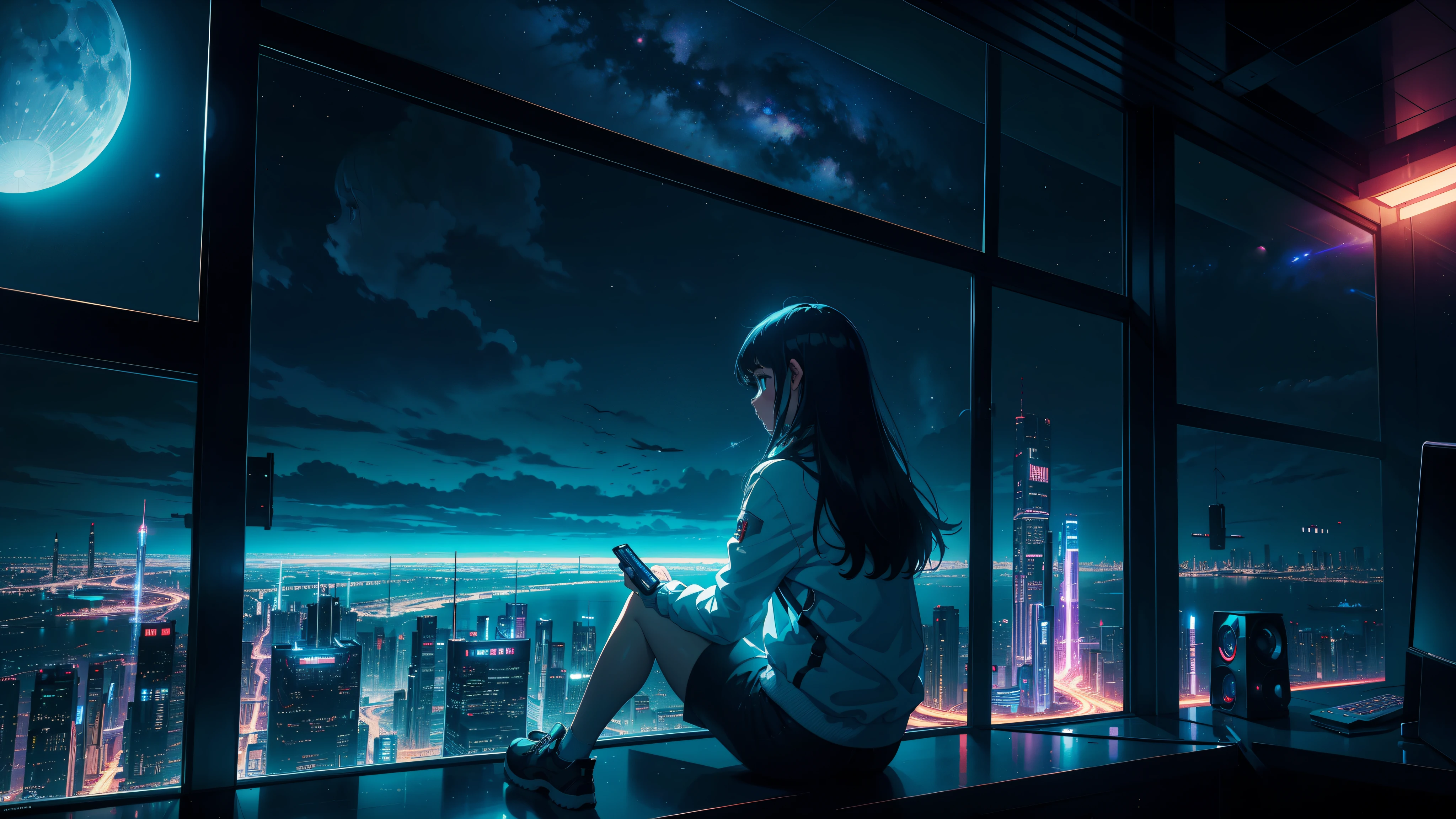 Masterpiece, girl, looking out the window, looking out, space city, technology city, futuristic city, flying cars, galaxy in the sky, night sky, moon, 4k, high res,