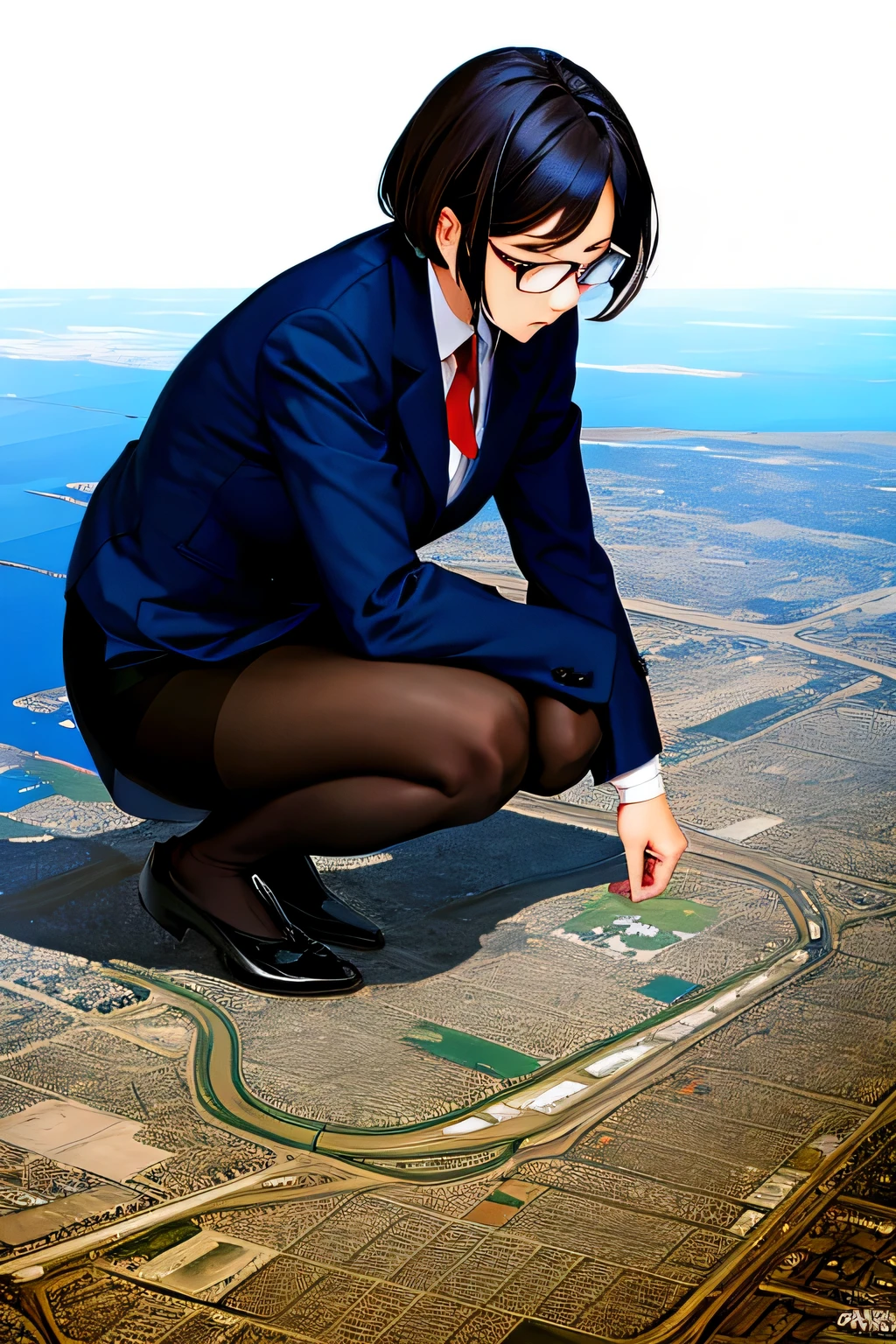 Giantの芸術, surreal high school girl, 非常に詳細なGiantショット, Giant, short hair, black pantyhose, a huge high school girl、'It's much bigger than a skyscraper, wearing rimless glasses, big breasts, navy blue blazer, red tie, mini length skirt, black pantyhose, Don't wear shoes., very small metropolis, miniature metropolis, 足元までの高さしかないminiature metropolisで、squatting and urinating, The city is a sea of urine, tsunami of urine, Small trains and cars are washed away with urine., full body description, GTS, ギガGiant, black pantyhose, Pantyhose legs, Pantyhose feet, ,Stomping City,crash city,Small town,micro city, Pee,