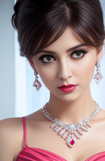 Lebanese woman, diamond dangling earrings, necklace, bracelets, small breasts, 40 years old, smokey eyes, cleavages, red lips, innocent face, pink fashion ball gown, stylish hairstyle, posing, modeling, sad face, embarrassed