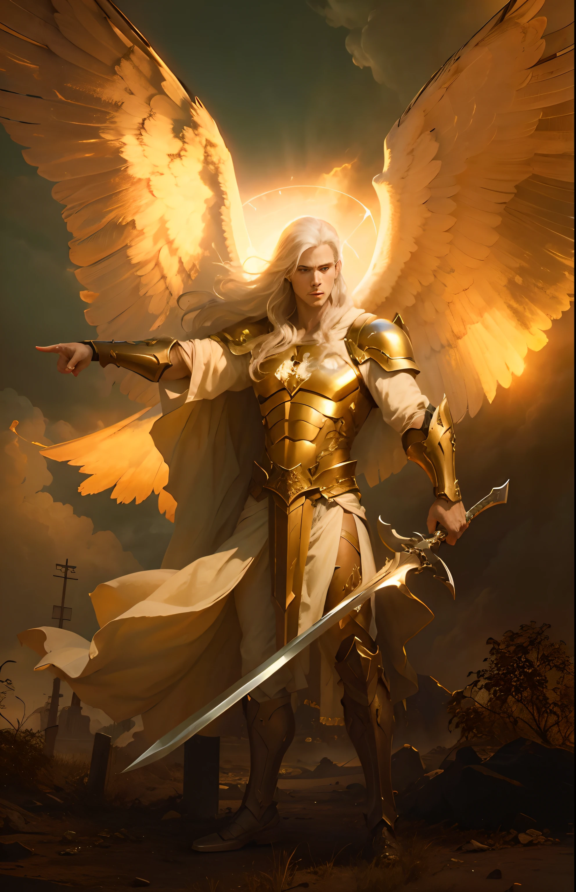 Fearless White Male Angel, pointing right index finger, full body, with avenging great sword, Apocalypse, dooms day, Illustration, cinematic light, high resolution, best quality, ultra detailed, masterpiece,