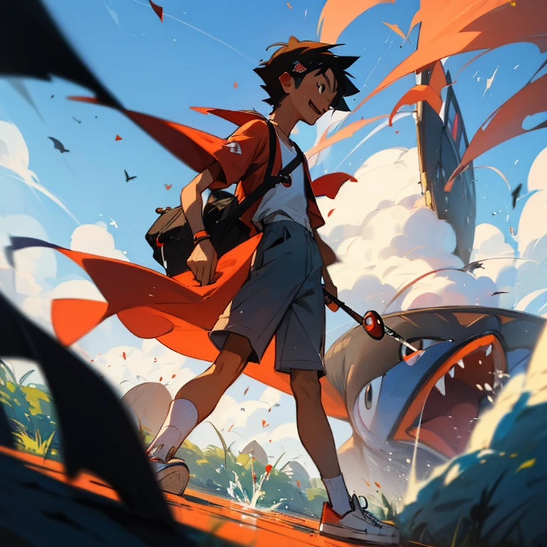 masterpiece, best quality, cg, (view from front), anime styled illustration, 1boy, solo, outdoors, ash ketchum (pokemon trainer), black and white sneakers with red dots, (trample+1 small cockroach), Splashing cockroach fluids under the sole、Standing and trampling、Joyful expression、Looking down here、[ 🐛Trampling：1.2]:0.3. 