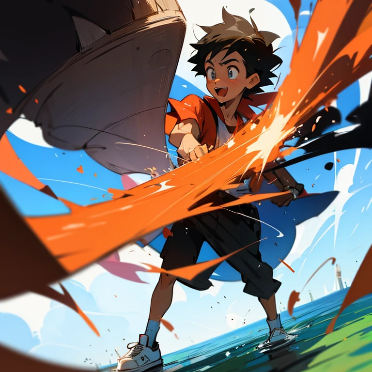 masterpiece, best quality, cg, (view from front), anime styled illustration, 1boy, solo, outdoors, ash ketchum (pokemon trainer), black and white sneakers with red dots, (trample+1 small cockroach), Splashing cockroach fluids under the sole、Standing and trampling、Joyful expression、Looking down here、[ 🐛Trampling：1.2]:0.3. 