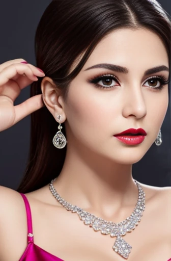 Lebanese woman, diamond dangling earrings, necklace, bracelets, small breasts, 40 years old, smokey eyes, cleavages, red lips, innocent face, pink fashion ball gown, stylish hairstyle, posing, modeling, sad face, embarrassed