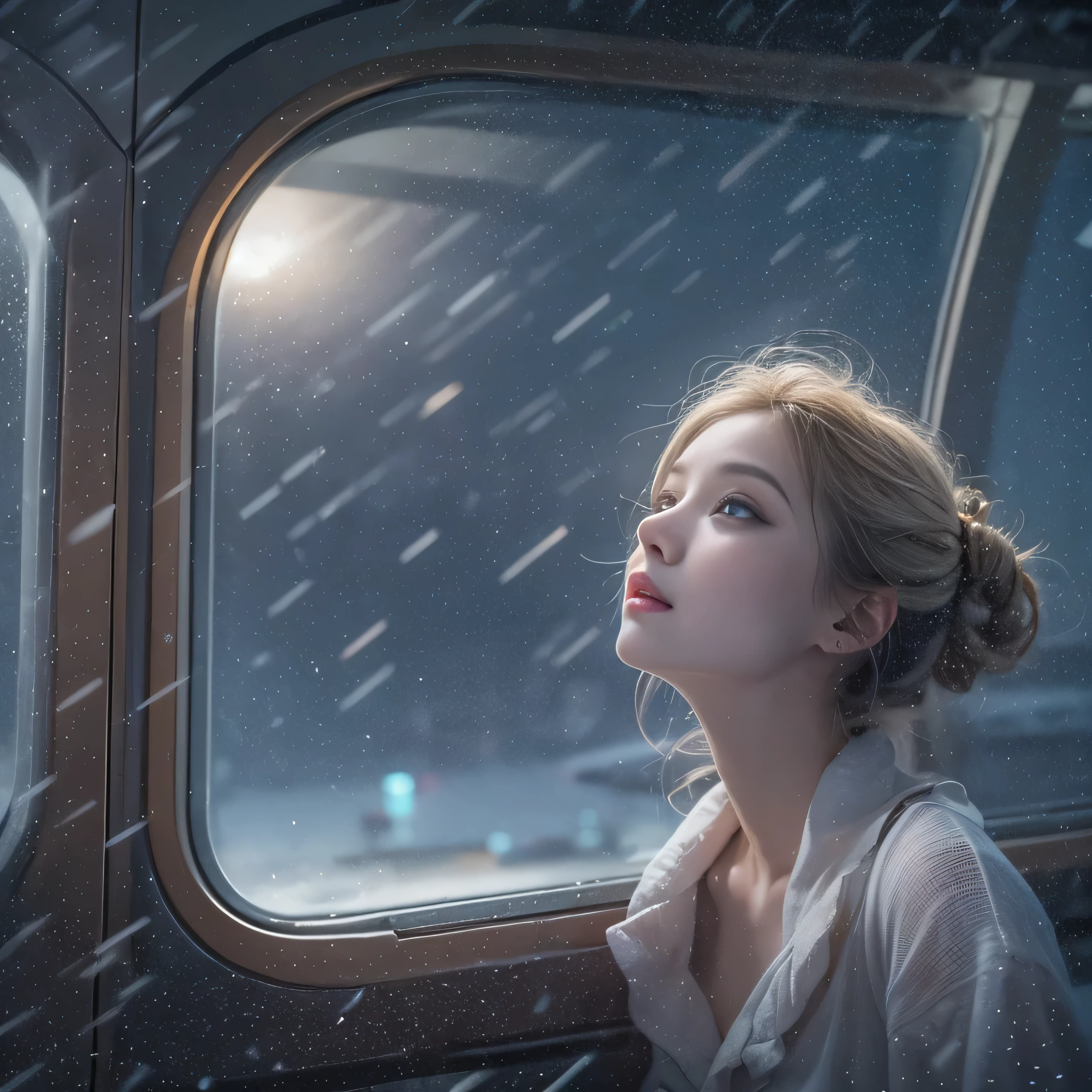 highest quality、High resolution、Super detailed、masterpiece、(Live shooting:1.5)、genuine:1.5、photogenuineistic:1.5、very delicate and beautiful、small details、1 female、(european:1.8)、Early 20s、(super beautiful)、(super beautiful顔)、(golden middle hair)、(blue eyes)、wearing makeup、(Standing in the airport departure lobby at night)、(The background is a night view of an airplane seen from the window and falling snow..)、(upper body shot)