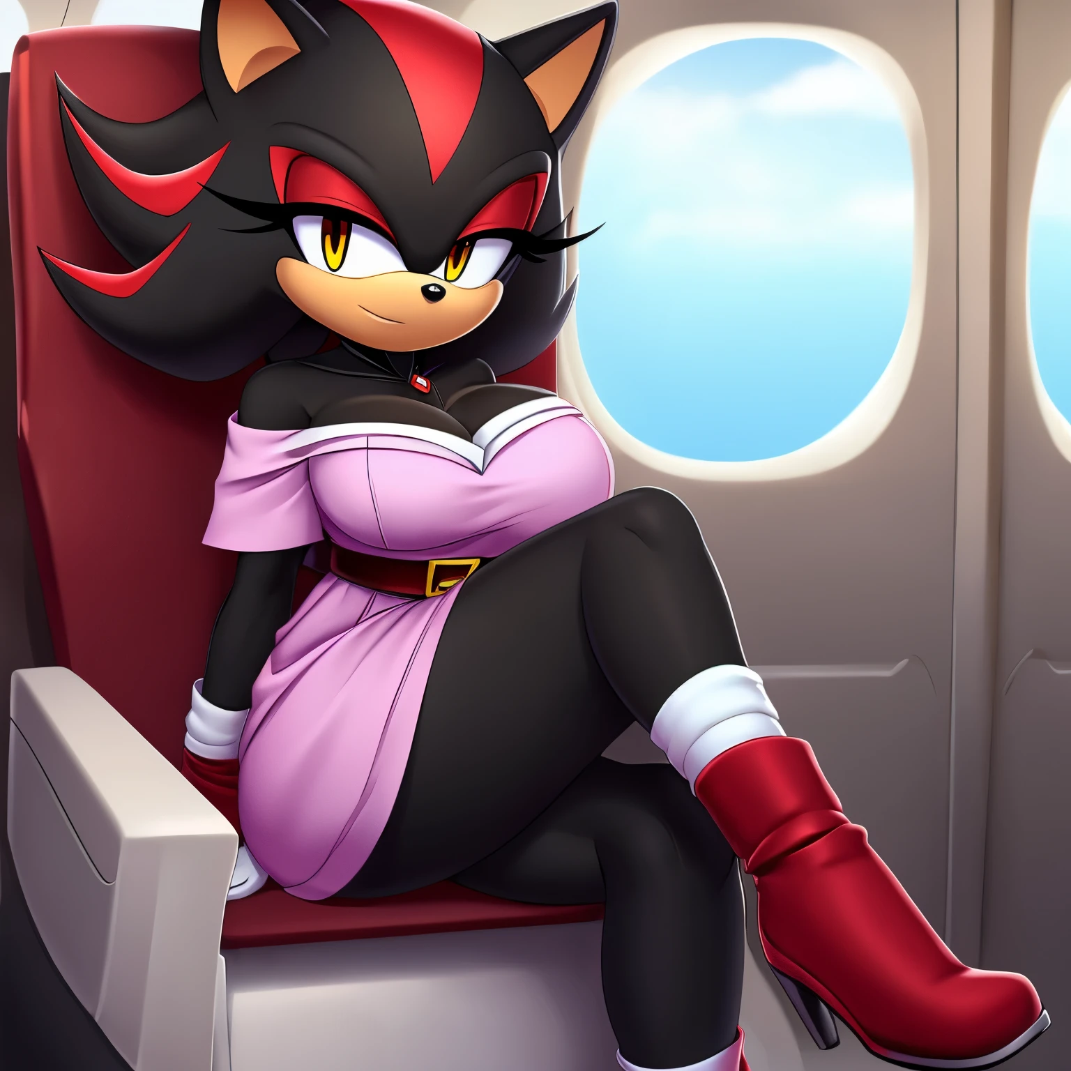 Mobian, female, (hedgehog similar to Shadow the Hedgehog but female), feminine eyelashes, large breasts, black fur, hair bangs, perfect feminine figure, intricate details, (detailed background), anime style, row of airplane seats, sharp focus, serious, furry female, (solo), hair over one eye, ((short white off-shoulder dress)), long white gloves, a black sash belt, tight dark red business skirt, dark red heels, (((full body black fur))), ((white tuft of chest fur above cleavage))
