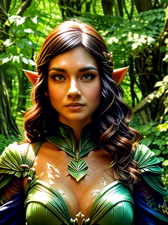 evangelyne from wakfu, magical forest, upper body, archer, evangelyne costume, beautiful detailed eyes, beautiful detailed lips, extremely detailed eyes and face, long eyelashe, traditional animation style, vibrant colors, soft lighting, (best quality, high-reagical forest scenery), lush foliage, mystical atmosphere, ethereal background, enchanted aura., UHD, hyper realistic, photorealistic, detail eyes