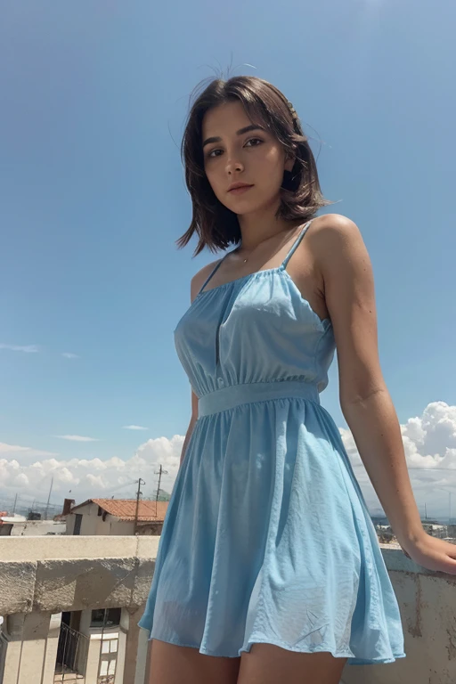 girl 20 years old, con alas, cabello corto, vista trasera, vestido transparente, fondo el cielo y nubes