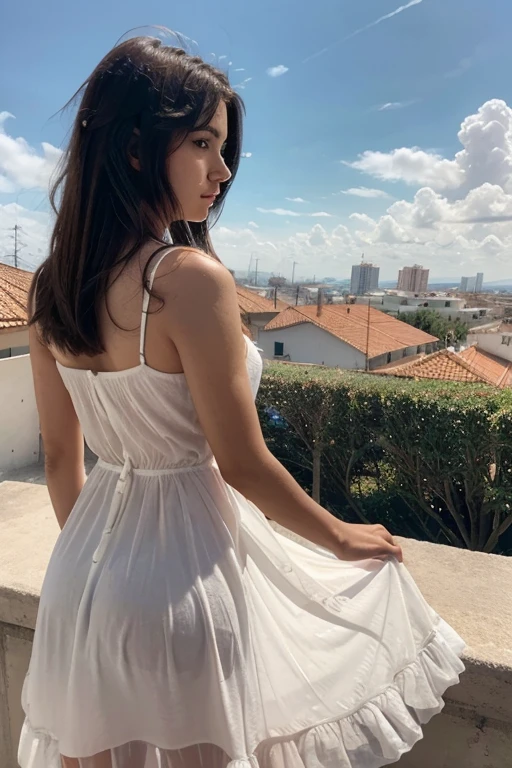 girl 20 years old, con alas, cabello corto, vista trasera, vestido transparente, fondo el cielo y nubes 