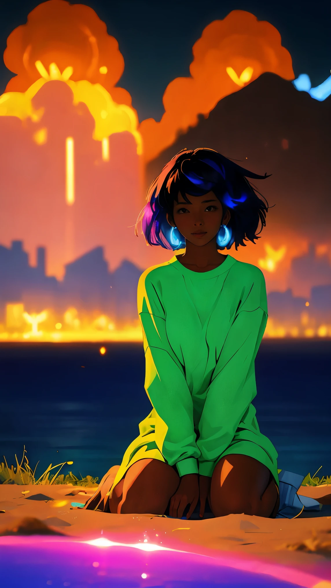 Pretty woman with dark skin sitting on a hillside, soft hair, funkypop, cyberdelic, grunge, hyperrealistic anime, lofi art, luminism, manga, medium shot, chemiluminescence, flare, flourescent lightin, character design, atey ghailan, basquiat, colorful_frequencies, electric colors, iridescent, dynamic pose, nouveau realisme, city background,