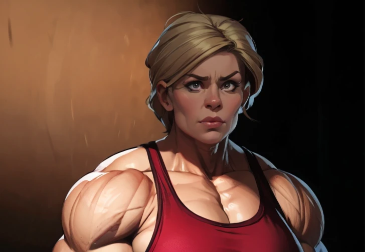 mature muscle woman with blonde hair wearing red tank top flexing massive muscles, muscle woman, huge muscles, muscle girl, biceps, pecs, mature woman