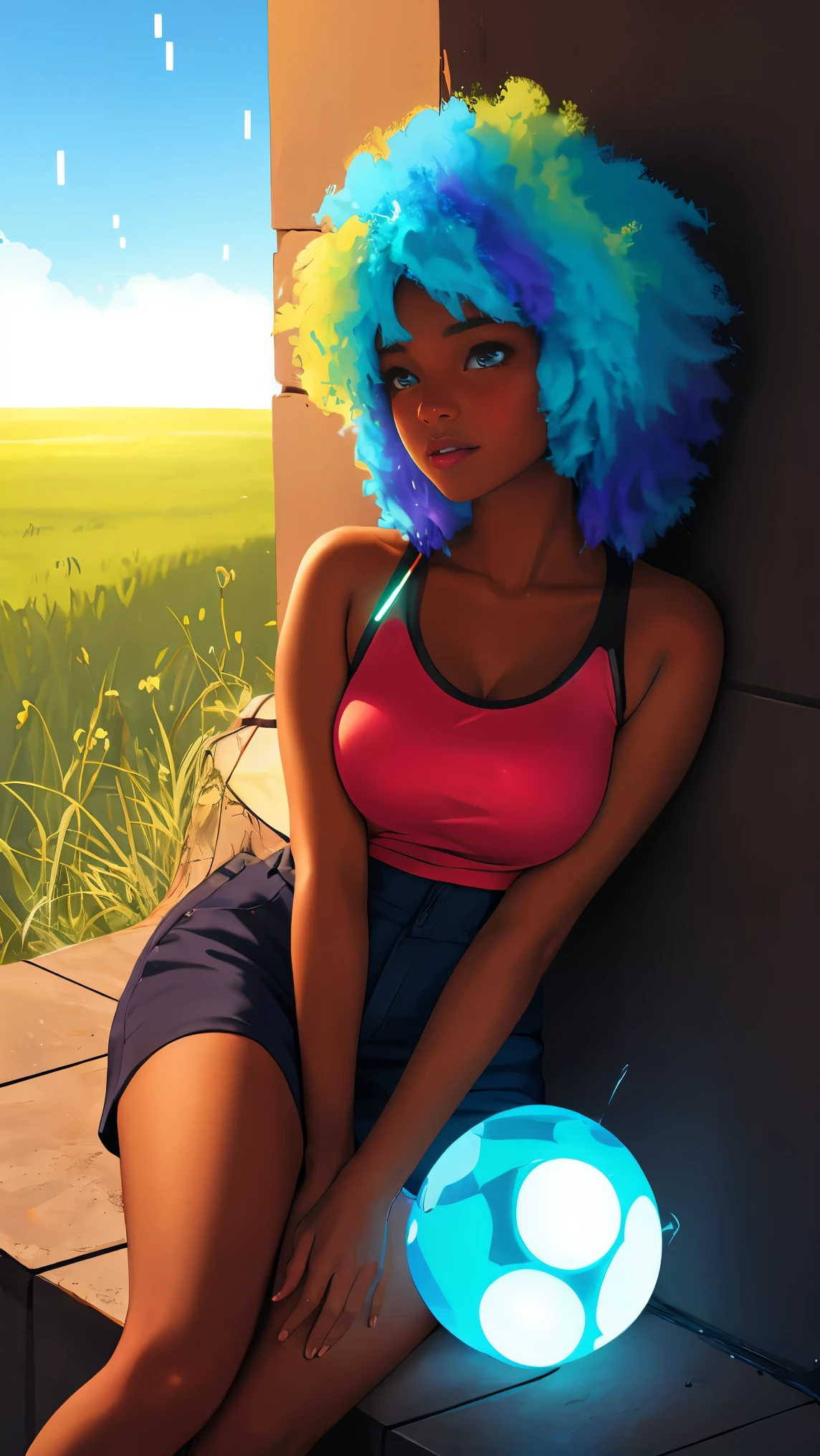 Pretty woman with dark skin sitting on a hillside, soft hair, funkypop, cyberdelic, grunge, hyperrealistic anime, lofi art, luminism, manga, medium shot, chemiluminescence, flare, flourescent lightin, character design, atey ghailan, basquiat, colorful_frequencies, electric colors, iridescent, dynamic pose, nouveau realisme, city background, african american