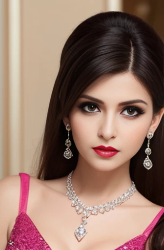 Lebanese woman, diamond dangling earrings, necklace, bracelets, small breasts, 40 years old, smokey eyes, cleavages, red lips, innocent face, pink fashion ball gown, stylish hairstyle, posing, modeling, sad face, embarrassed