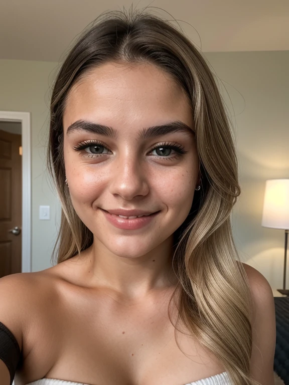 selfie of a 20yo woman,light blond hair, perfect face, masterpiece,instaphoto,latina, a mole on my right cheek, photorealisic,8k, C cup,at evening