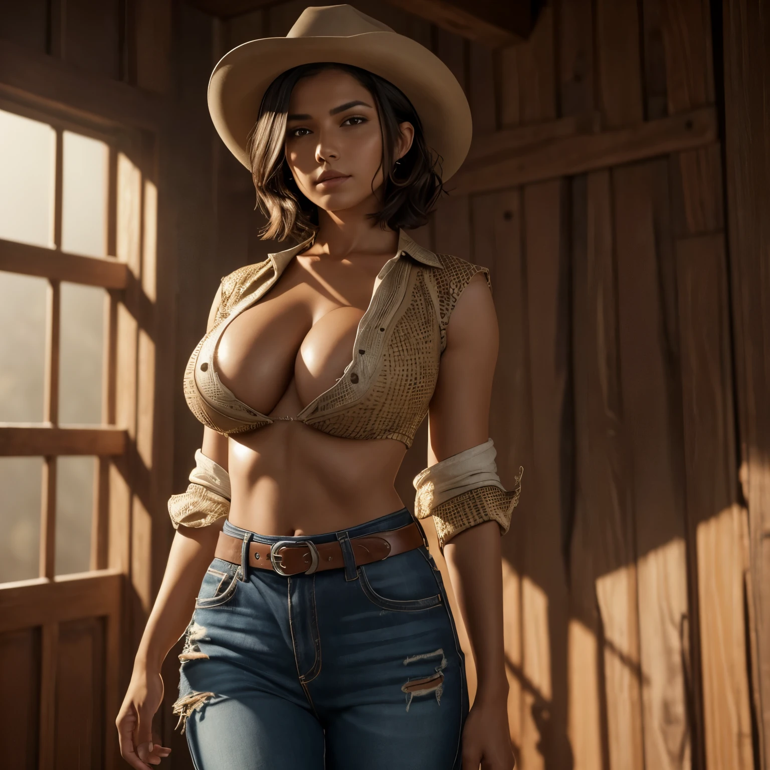 Isabel Merced, bob_cut hair, dressed as a cowboy, (skin texture:1.1), (high detail face:1.1), full bodyshot, high detail body, high detail clothes, (big breasts:1.3),(masterpiece), (realistic), ultra high definition, 4k, ultra high resolution, film grain, cinematic lighting, rim lighting, photo by Arny Freytag, RAW image