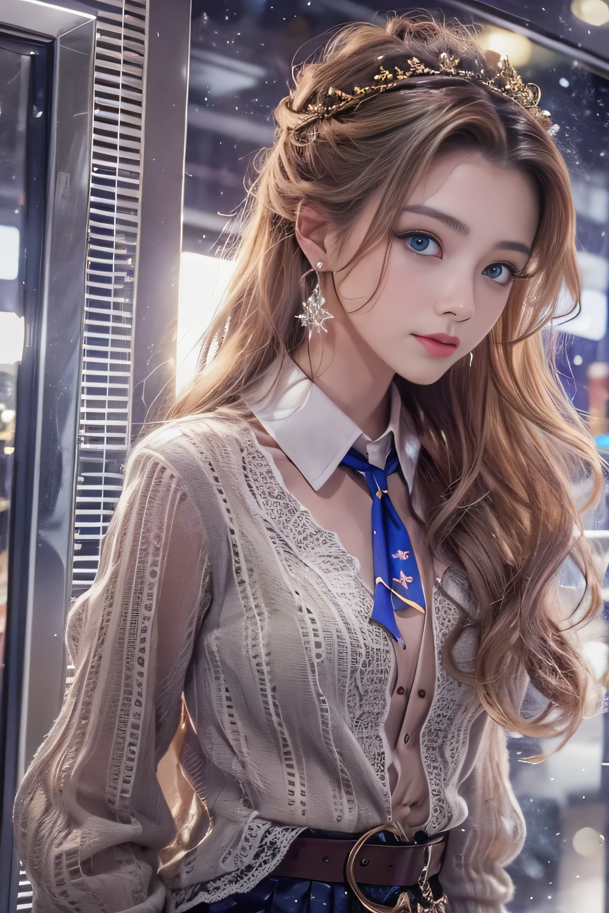 highest quality、High resolution、Super detailed、masterpiece、(Live shooting:1.5)、genuine:1.5、photogenuineistic:1.5、very delicate and beautiful、small details、1 female、(european:1.8)、Early 20s、(super beautiful)、(super beautiful顔)、(golden middle hair)、(blue eyes)、wearing makeup、(Standing in the airport departure lobby at night)、(The background is a night view of an airplane seen from the window and falling snow..)、(upper body shot)