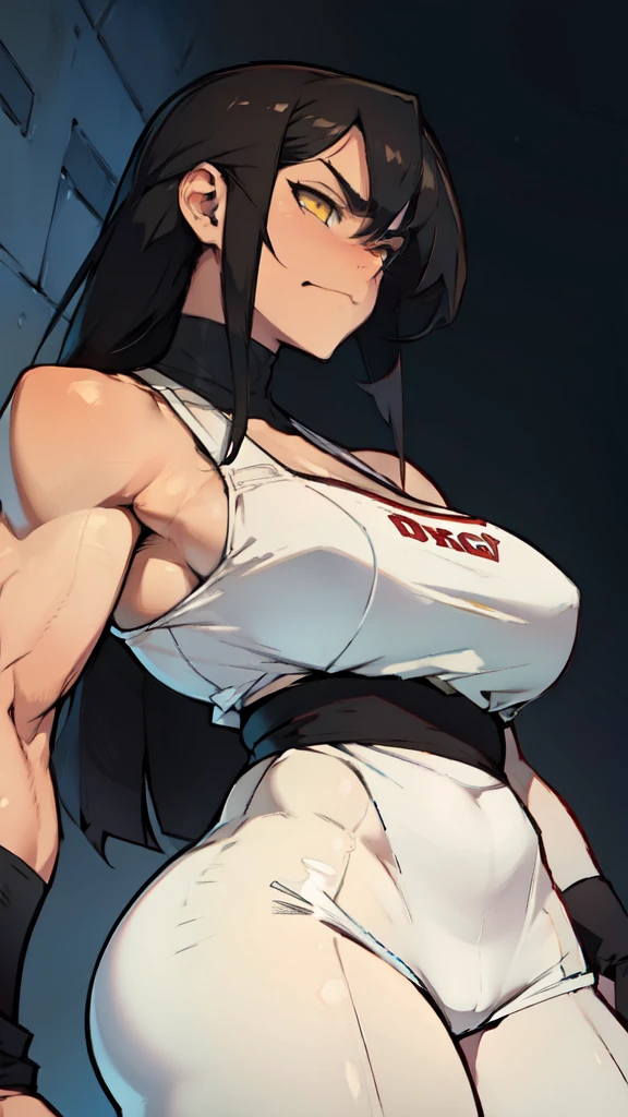 muscular girl thick breasts black hair yellow eyes pale skin best quality sad frown