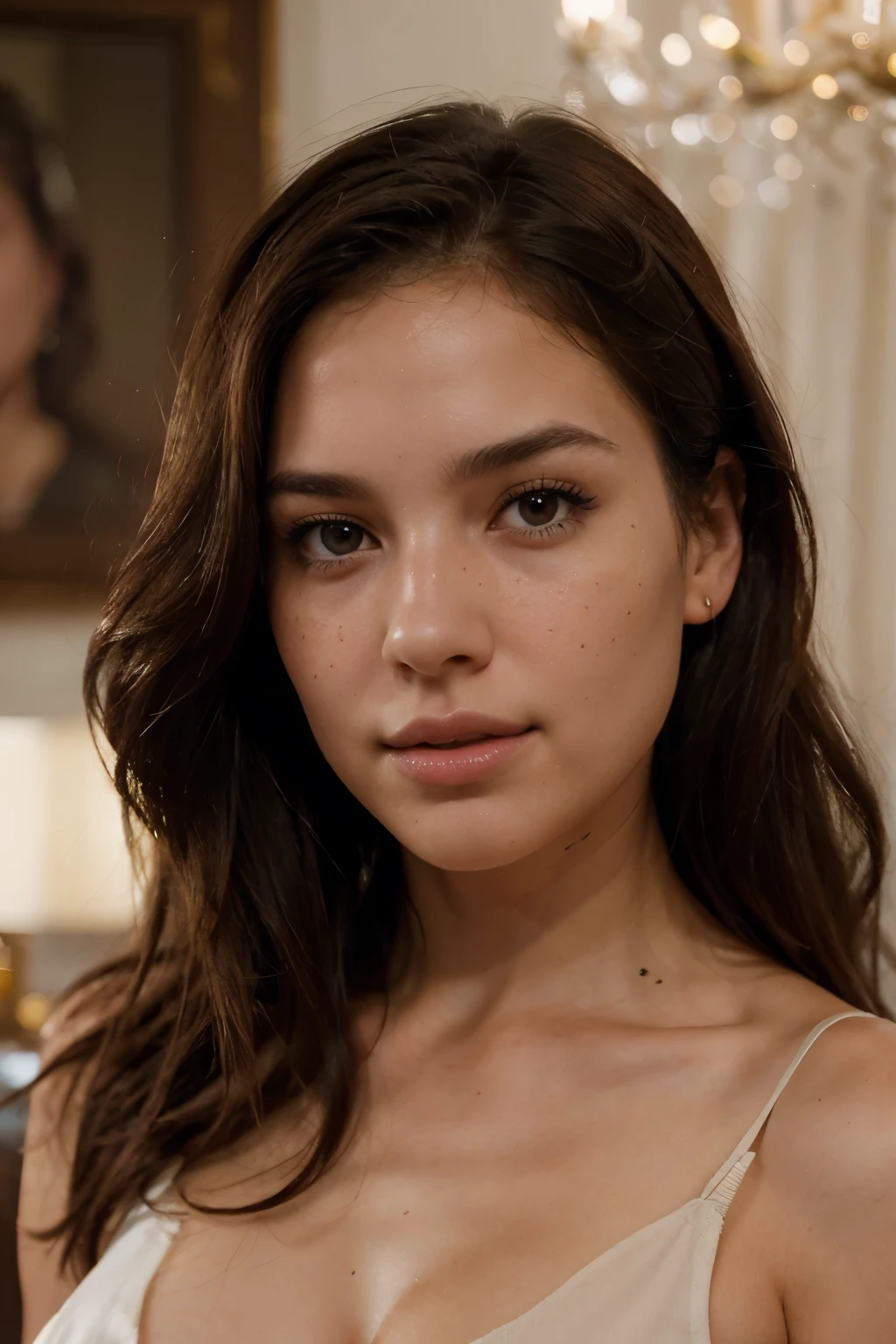 Breathtaking cinematic photo of a 30-year-old woman with short, curly brown hair and sparkling brown eyes, displaying a joyful expression. Her mouth is closed, revealing beautiful, slightly rosy lips. This detailed image has a shallow depth of field, capturing the complexity and beauty of a high-budget Hollywood film. Her skin texture is finely rendered, with subtle nuances of blushing (blush: 0.5) and goosebumps (goosebumps: 0.5), along with delicately scattered freckles across her cheeks and nose. She has a slim face with fine, harmonious features, radiant white skin, and a slender body. Her predator-like intense eyes and pink lips add to her captivating charm. Her silhouette is highlighted in a tactical uniform, evoking a secret agent disguise. The image, of ultra-high quality and resolution, achieves a photorealistic level of 1.4, capturing every complex detail of her face and body, enhanced by subtle makeup (intensity: 1.5). The frontal view fully showcases her Western beauty, fine nose, and perfect poise, grain de beauté sur le menton